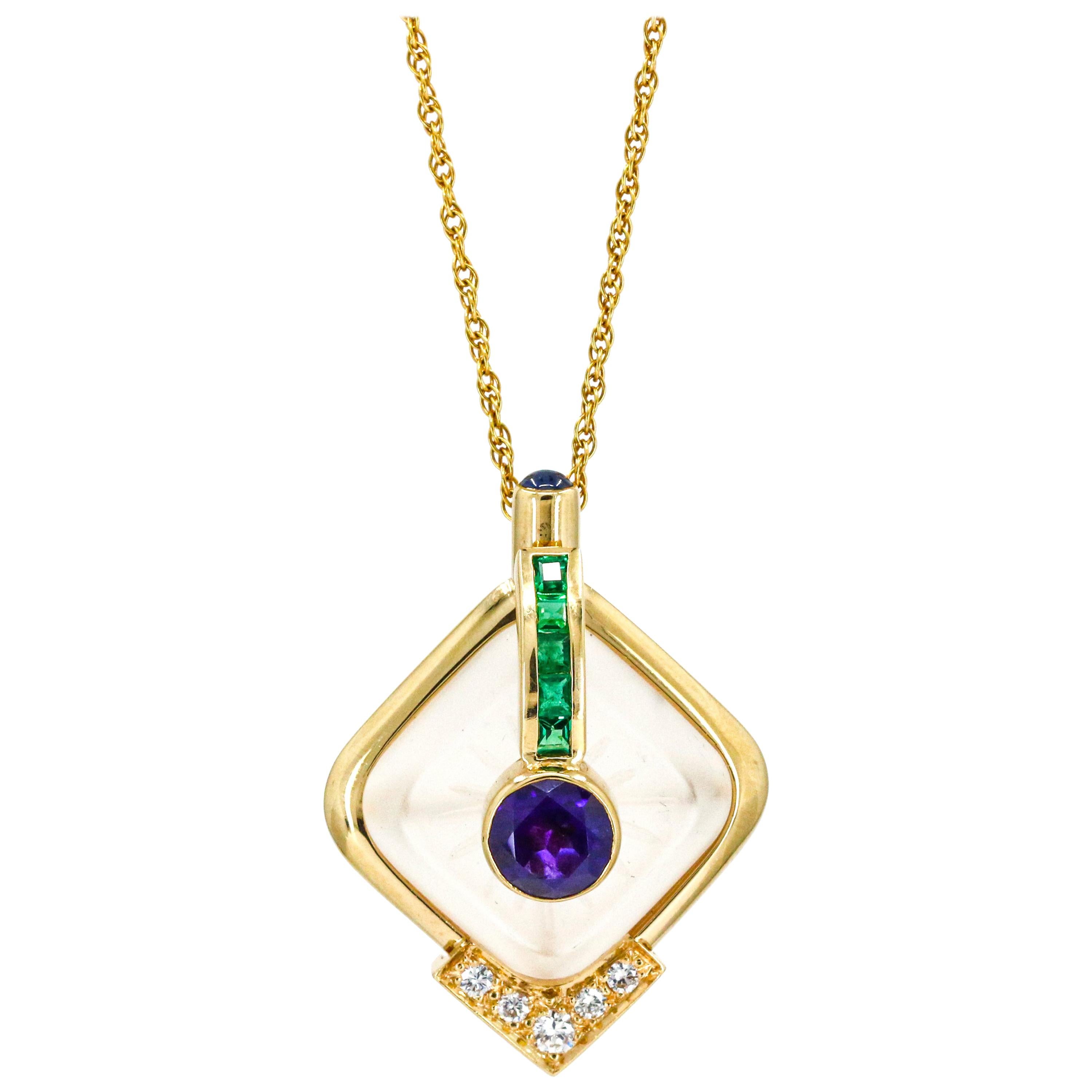 14 Karat Yellow Gold Amethyst Quartz Diamond Emerald Pendant Necklace For Sale