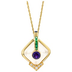 14 Karat Yellow Gold Amethyst Quartz Diamond Emerald Pendant Necklace