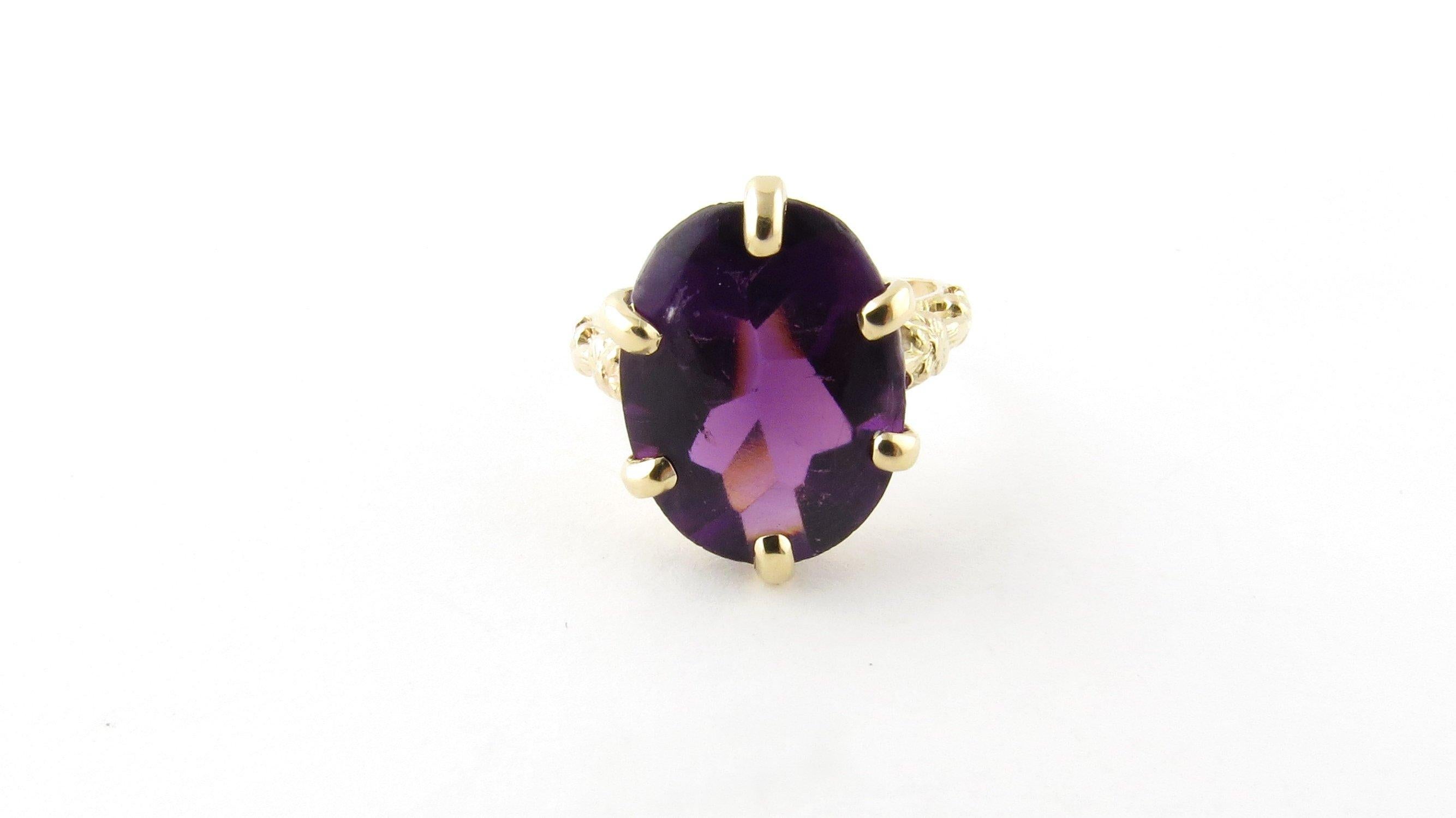 Vintage 14 Karat Yellow Gold Amethyst Ring Size 3.25- 
This lovely ring features one oval amethyst (14 mm x 11 mm) set in meticulously detailed 14K yellow gold. Shank measures 1 mm. 
Ring Size: 3.25 
Weight: 1.8 dwt. / 2.9 gr. 
Hallmark: 14K 
Very