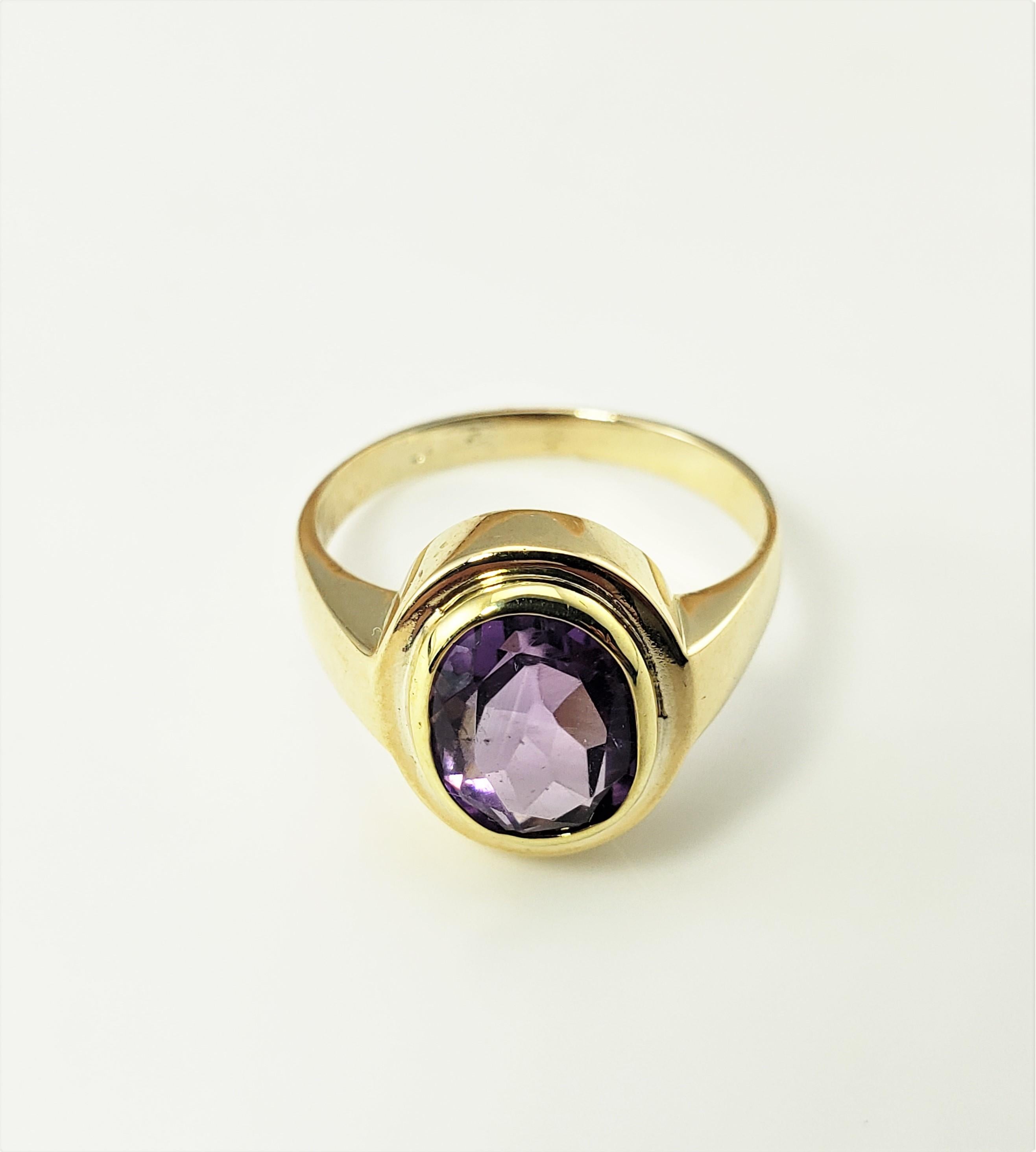 14 Karat Yellow Gold Amethyst Ring Size 6.25-

This lovely ring features one oval amethyst stone (10 mm x 8 mm) set in classic 14K yellow gold.  Top of ring measures 12 mm x 10 mm. Shank:  2 mm.

Size: 6.25

Weight:  2.9 dwt. /  4.6 gr.

Stamped: