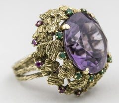 14 Karat Yellow Gold Amethyst Statement Ring with Emeralds and Rubies