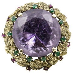 14 Karat Yellow Gold Amethyst Statement Ring with Emeralds and Rubies