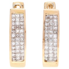 14 Karat Yellow Gold and 1 Carat Invisible Set Diamond Hoop Earrings