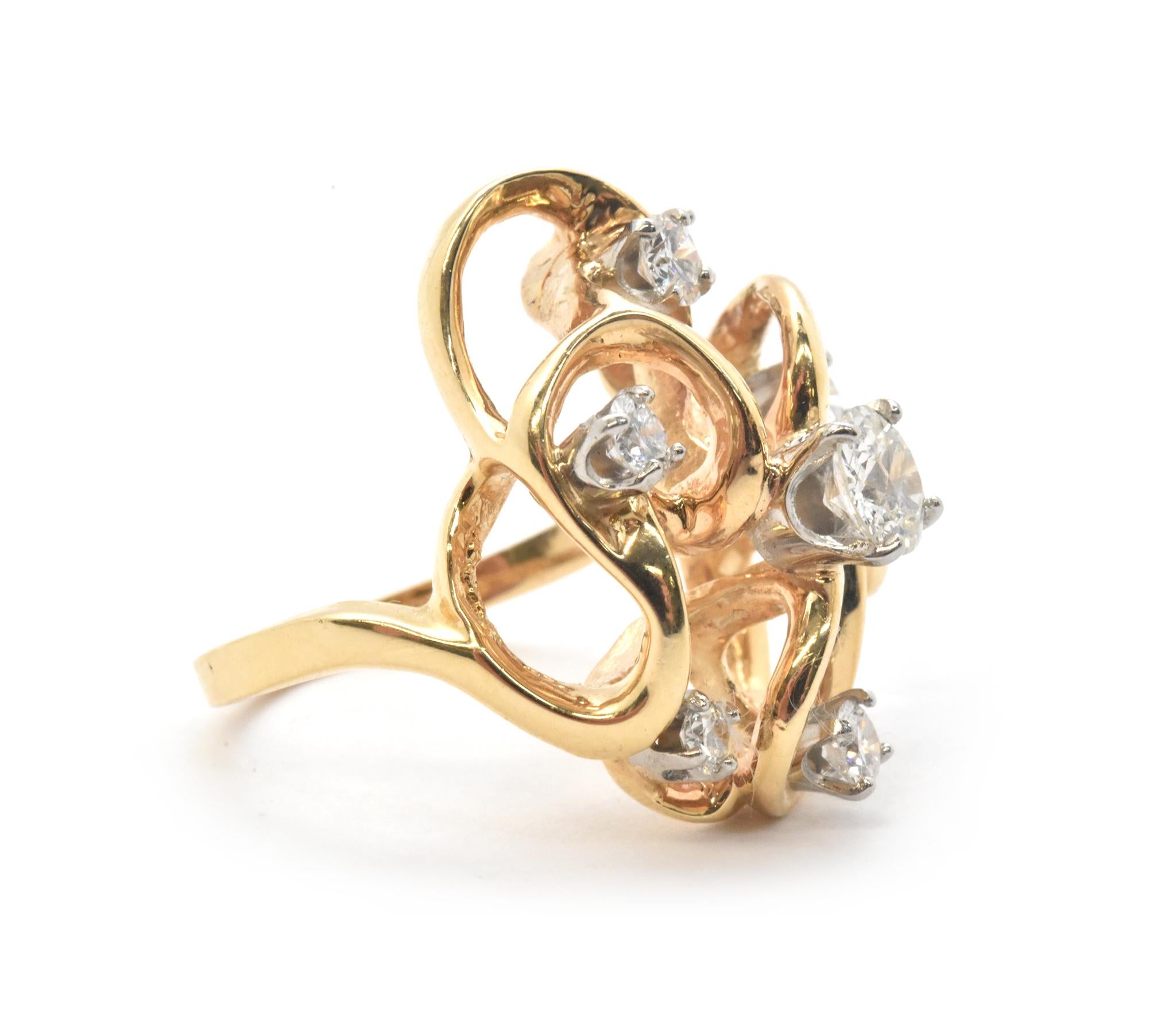 Round Cut 14 Karat Yellow Gold and 1.10 Carat Diamond Cluster Cocktail Ring