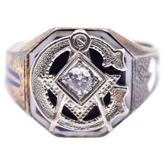 14 Karat Yellow Gold and 18 Karat White Gold Diamond Masonic Ring