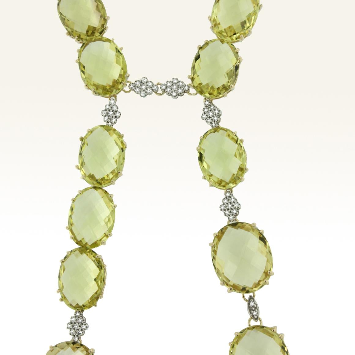 Modern 14 Karat Gold, 18 Karat White Gold with Lemon Quartz and White Diamond Necklace For Sale