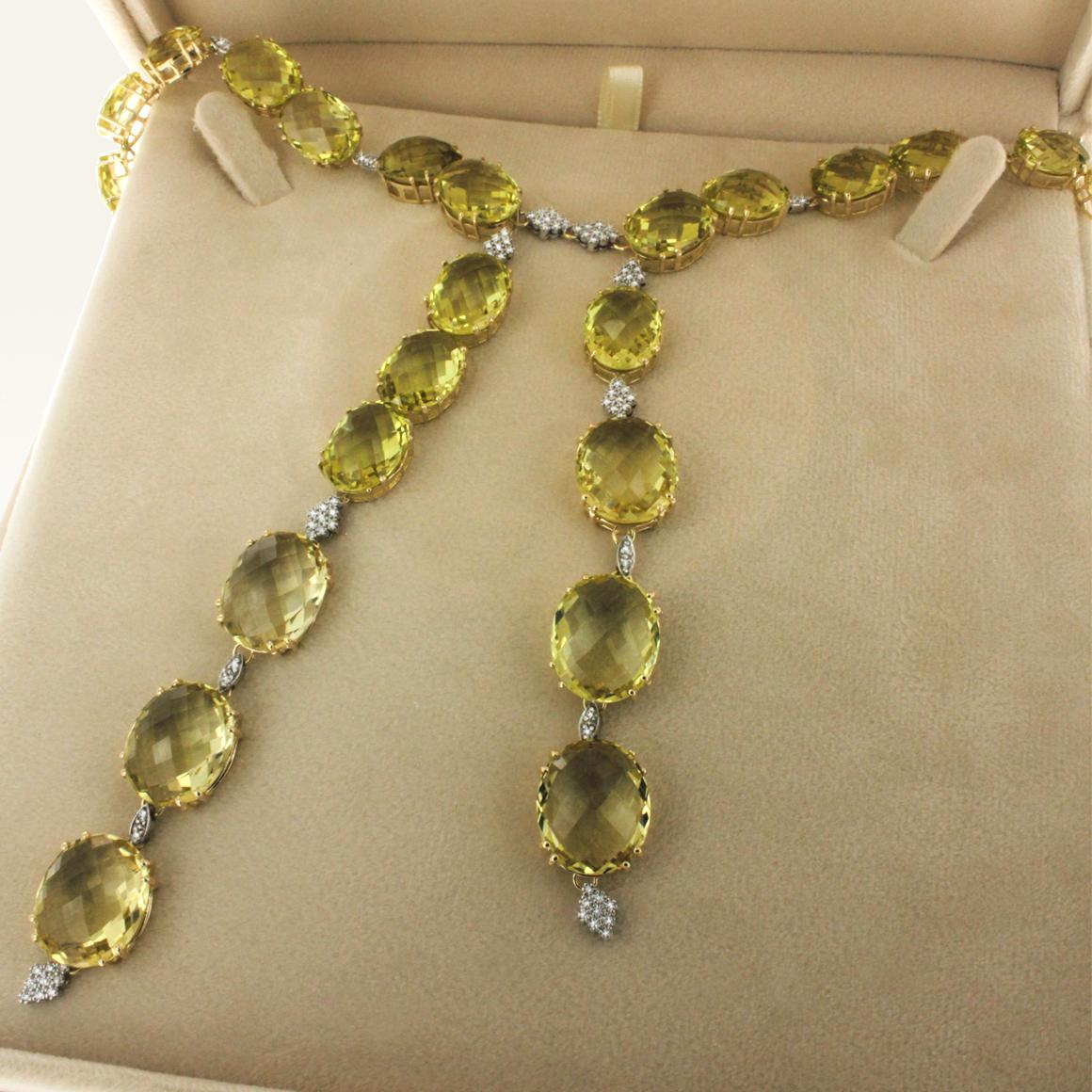Oval Cut 14 Karat Gold, 18 Karat White Gold with Lemon Quartz and White Diamond Necklace For Sale
