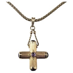 14 Karat Yellow Gold and Amethyst Cross Pendant Necklace  #22686
