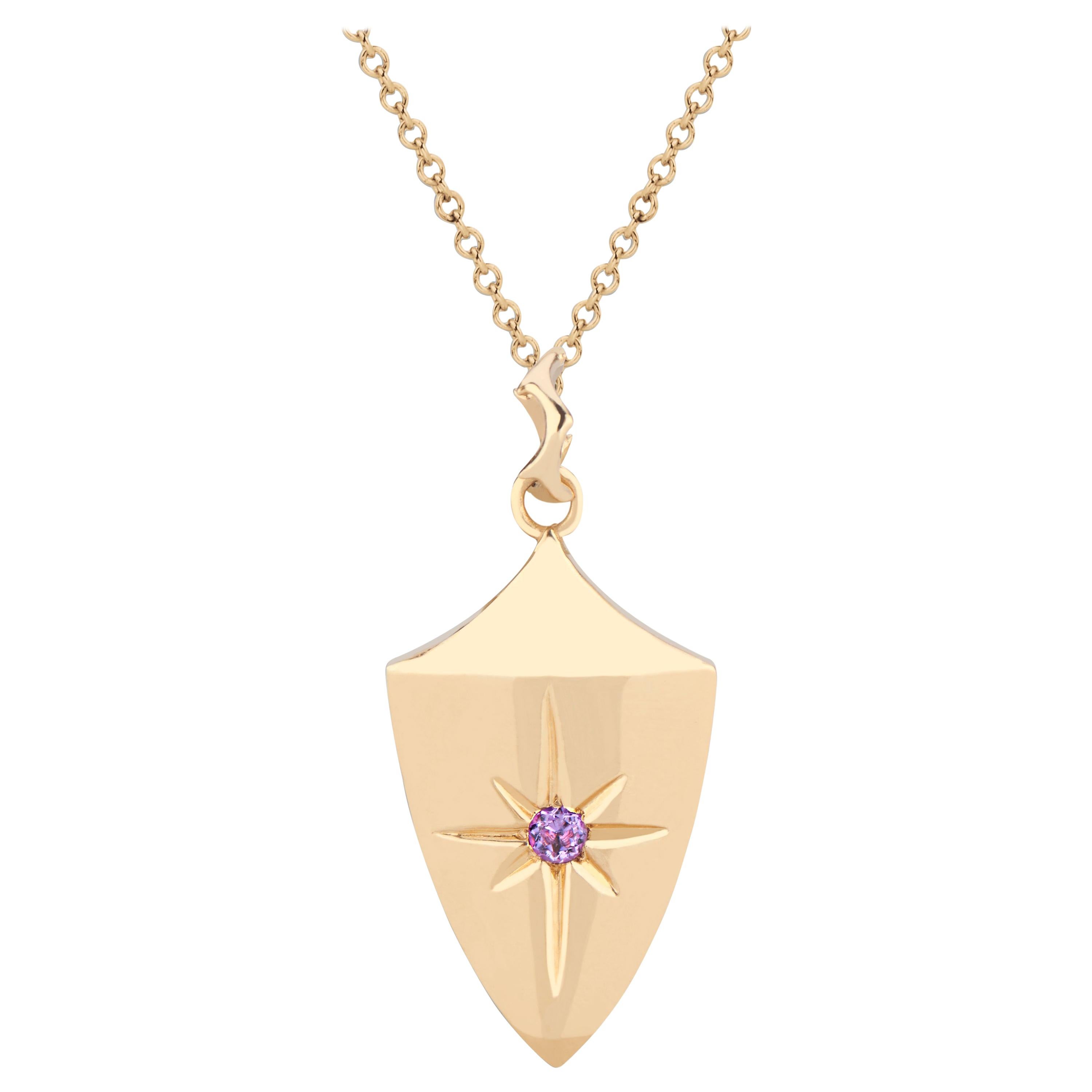 14 Karat Yellow Gold and Amethyst Hand-Engraved Shield Pendant on Chain For Sale