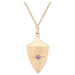 14 Karat Yellow Gold and Amethyst Hand-Engraved Shield Pendant on Chain