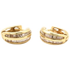 14 Karat Yellow Gold and Baguette Diamond Huggie Earrings 1.50 Carat
