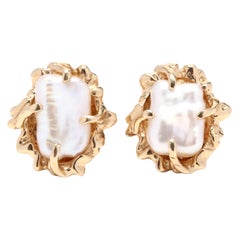 14 Karat Yellow Gold and Baroque Pearl Naturalistic Stud Earrings