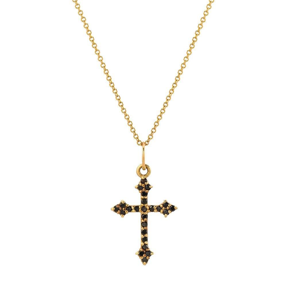 14 Karat Yellow Gold and Black Diamond Baby Gothic Cross Pendant For Sale