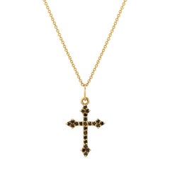 14 Karat Yellow Gold and Black Diamond Baby Gothic Cross Pendant