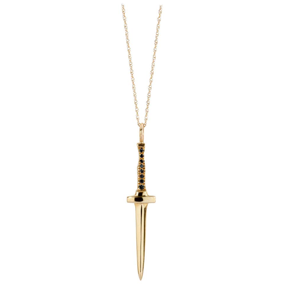 14 Karat Yellow Gold and Black Diamond Dagger Pendant on Rolo Chain at ...