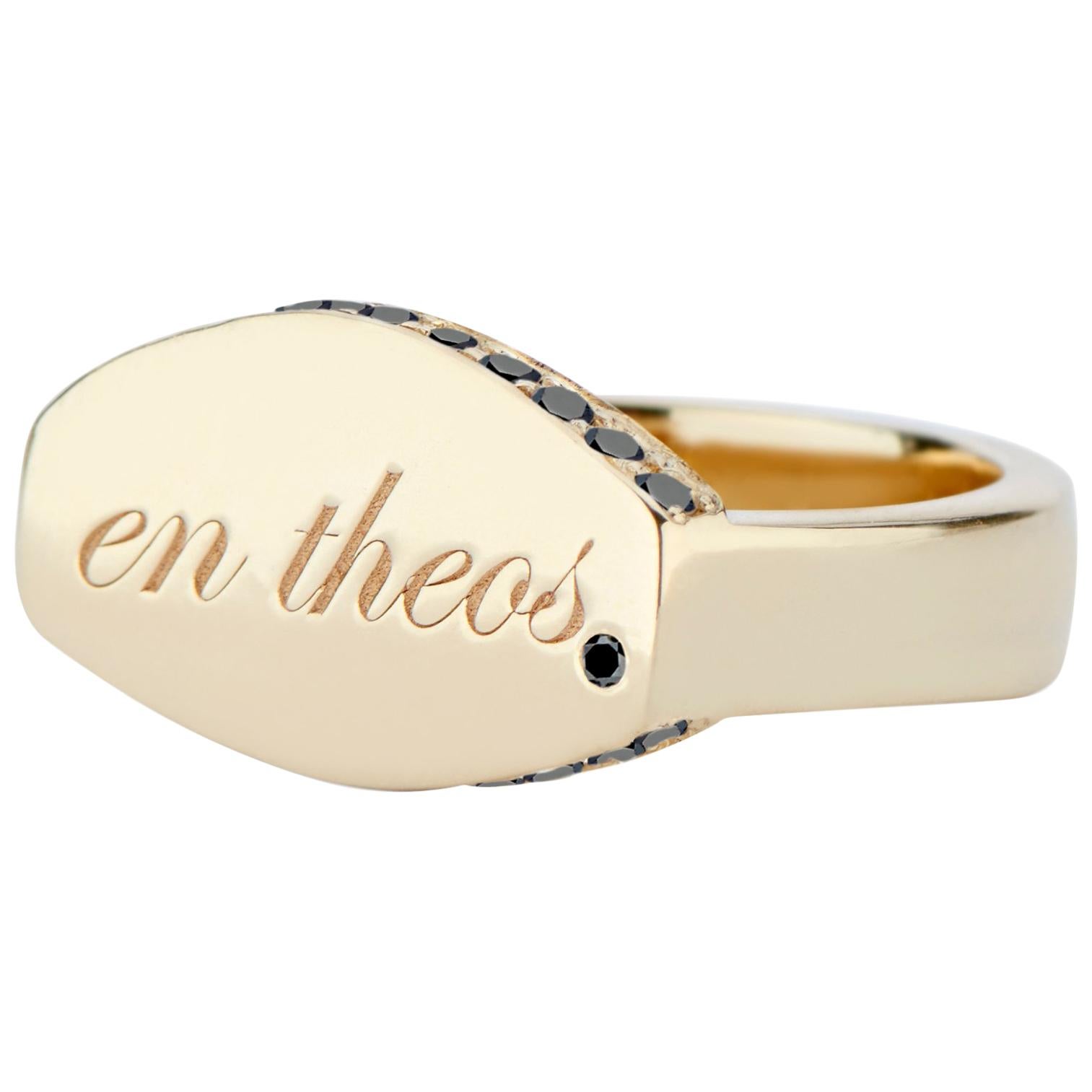 14 Karat Yellow Gold and Black Diamond En Theos "A God Within" Signet Ring For Sale