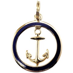 14 Karat Yellow Gold and Blue Enamel Anchor Pendant