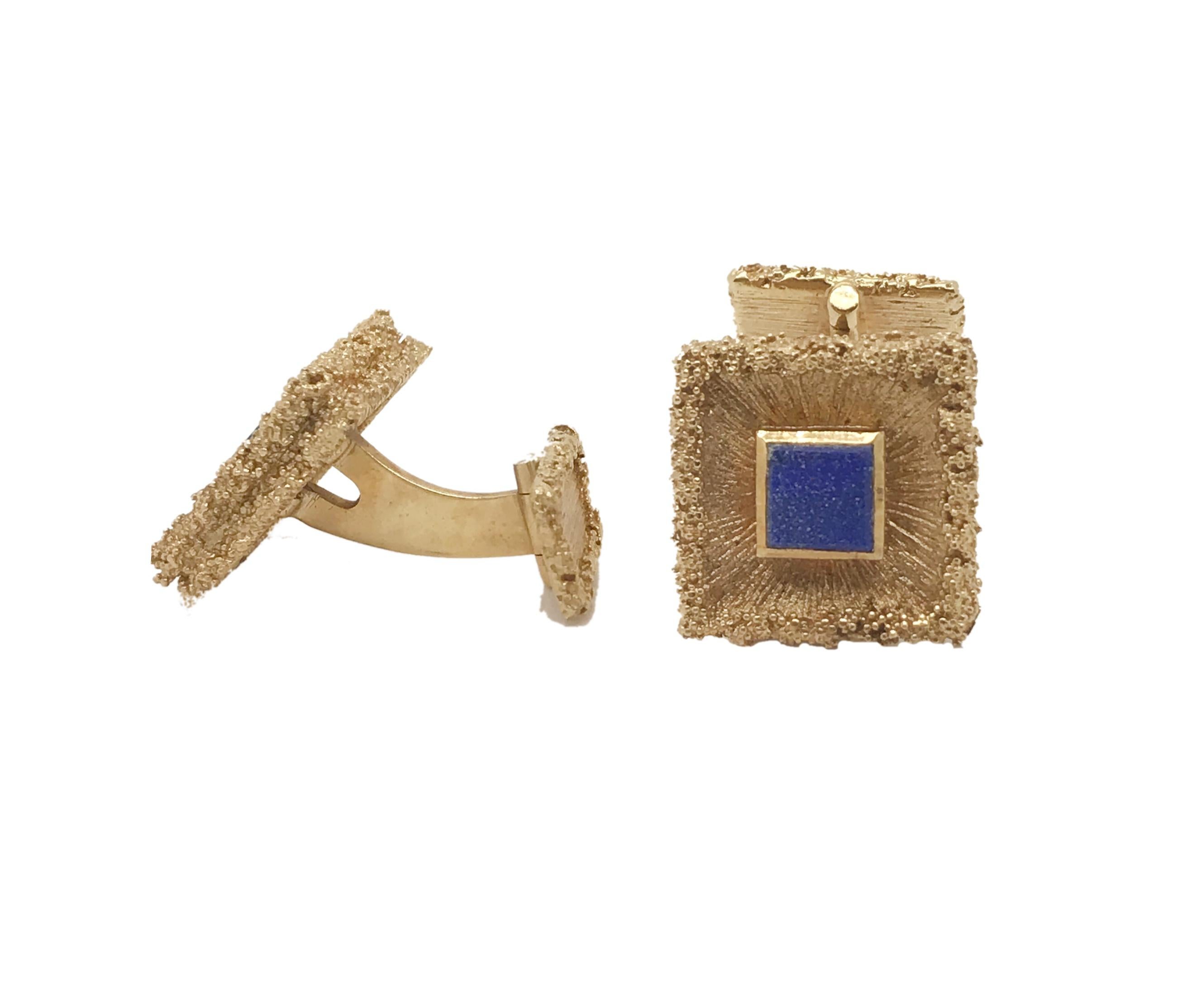 Elegant blue Lapis squares set in 14k Yellow Gold and with a textured detail.  