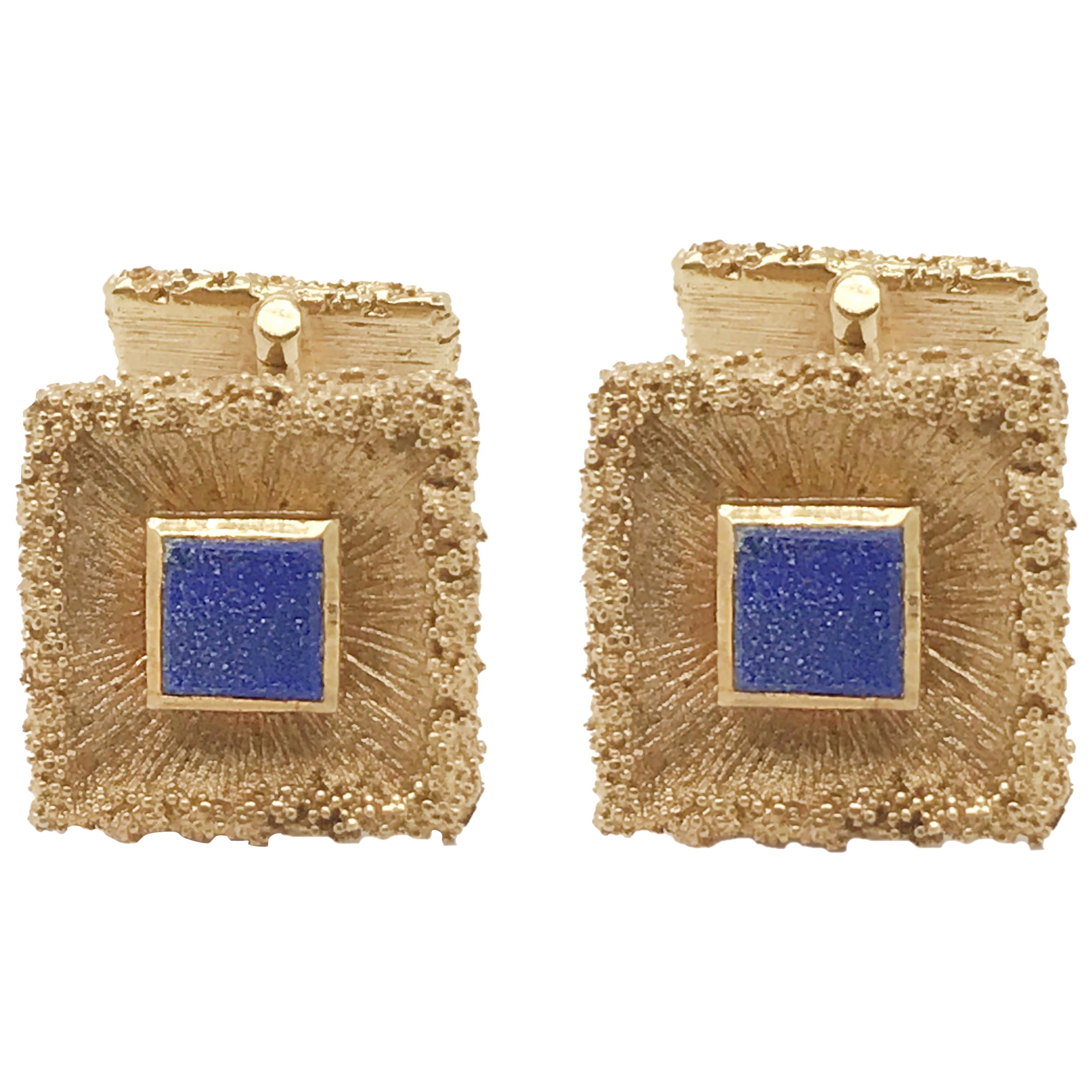14 Karat Yellow Gold and Blue Lapis Cufflinks For Sale