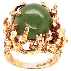 14 Karat Yellow Gold and Cabochon Jade Solitaire with Diamond Accents Ring