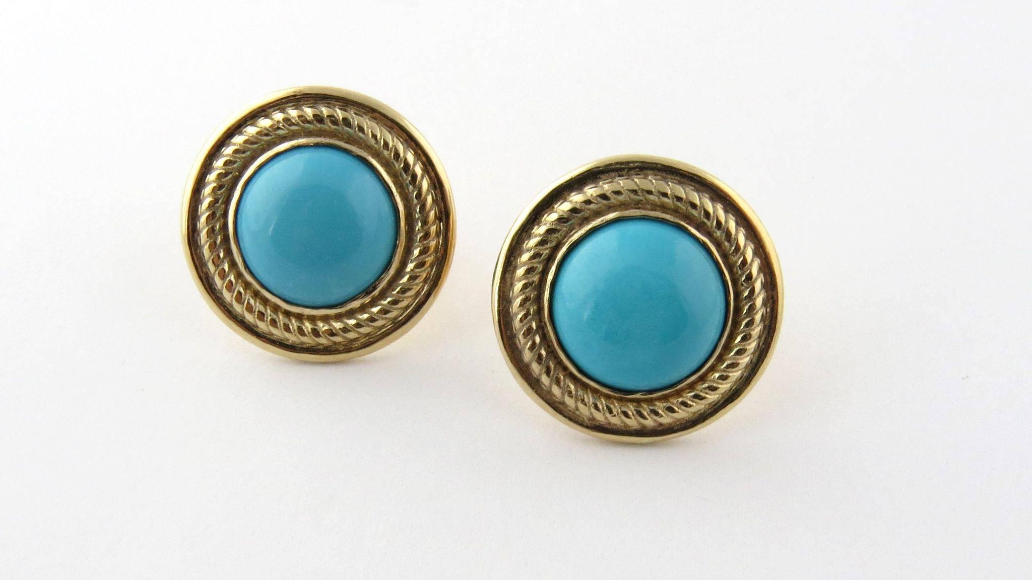 Women's 14 Karat Yellow Gold and Cabochon Turquoise Button Earrings