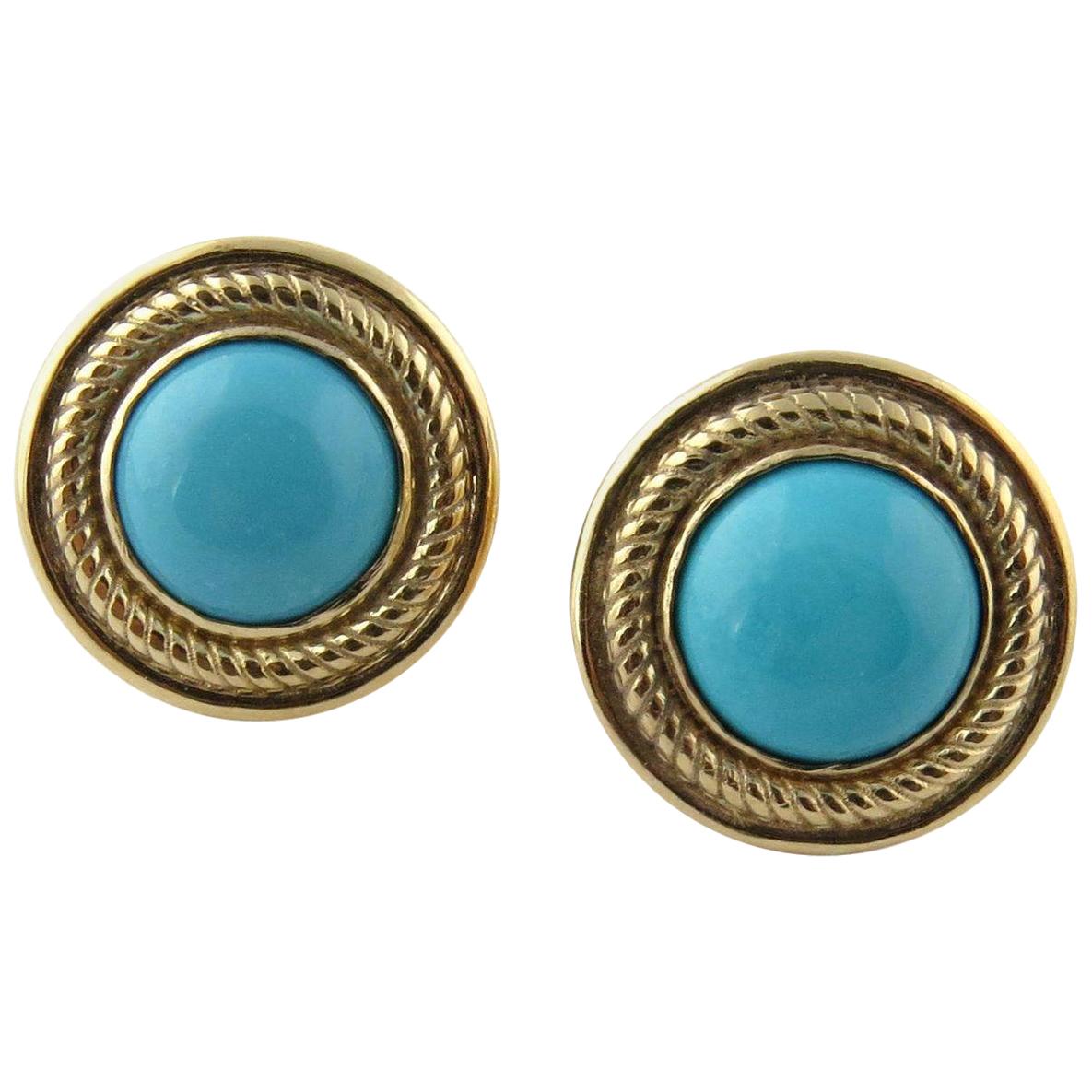 14 Karat Yellow Gold and Cabochon Turquoise Button Earrings