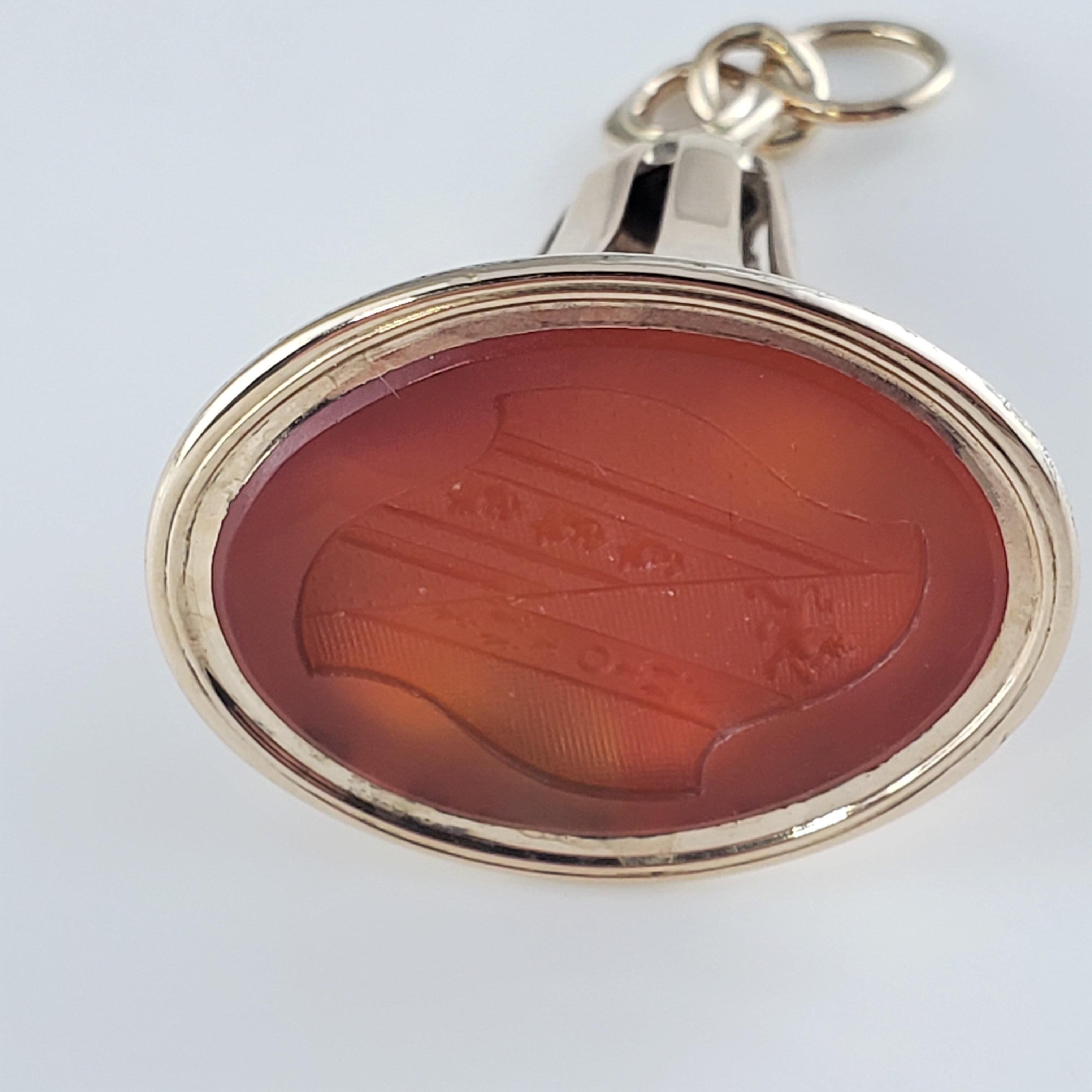 14 Karat Yellow Gold and Carnelian Watch Fob/Seal Pendant In Good Condition For Sale In Washington Depot, CT