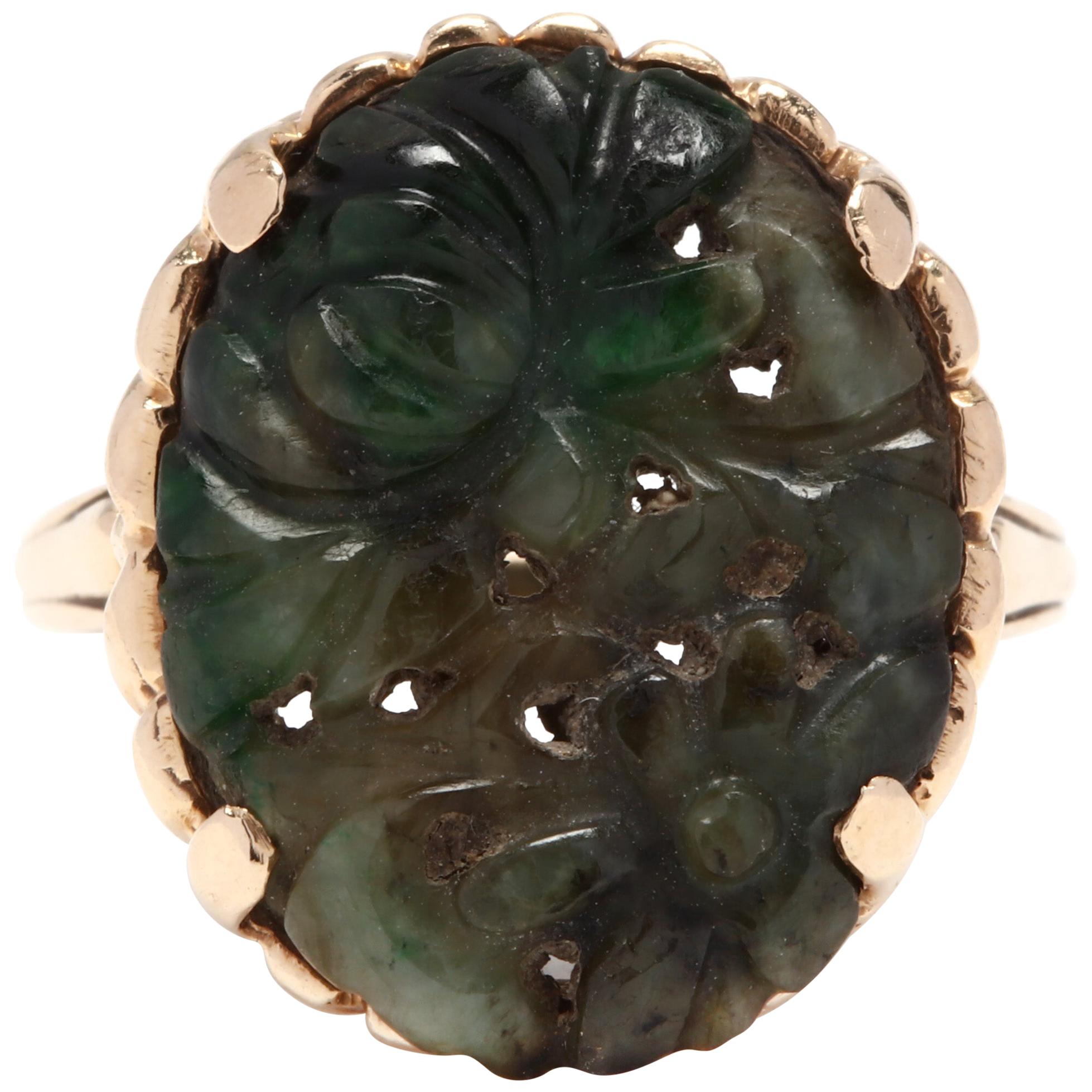 14 Karat Yellow Gold and Carved Green Jade Statement / Cocktail Ring