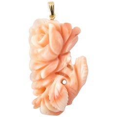 14 Karat Yellow Gold and Coral Rose Pendant