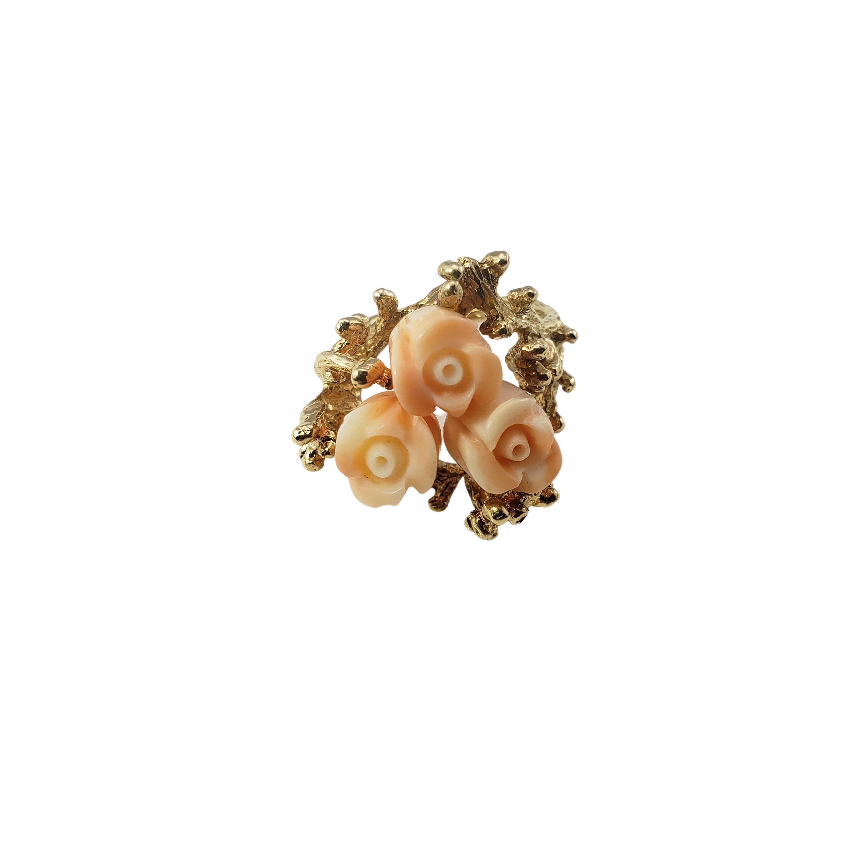 Rose Cut 14 Karat Yellow Gold and Coral Rose Ring Size 7