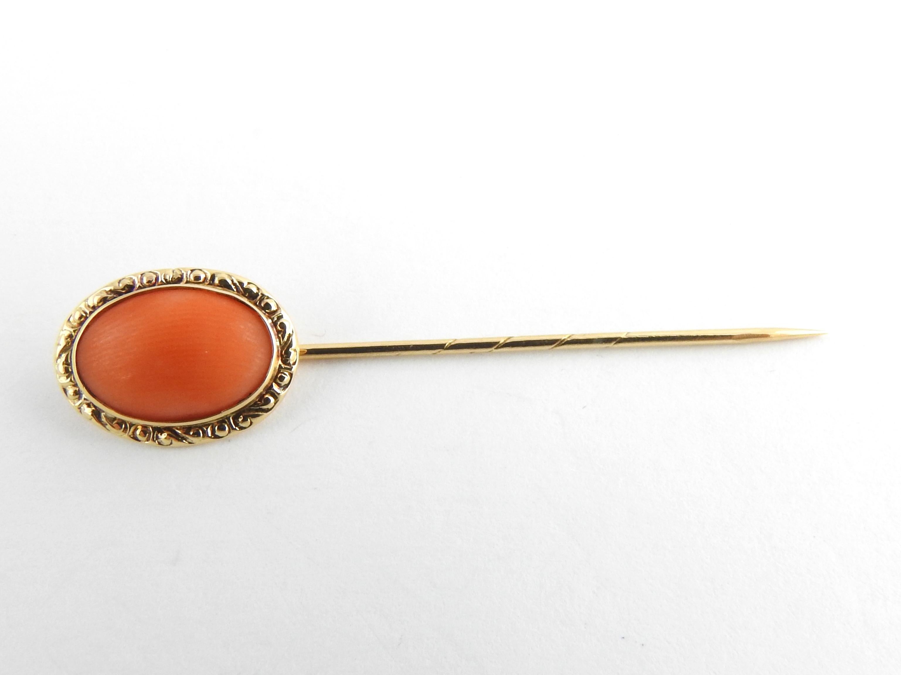 Vintage 14 Karat Yellow Gold and Coral Stick Pin

This lovely stick pin features one coral gemstone 13 mm x 9 mm set in beautifully detailed 14K yellow gold.

Size: 53 mm x 12 mm

Weight: 1.0 dwt. / 1.7 gr.

Acid tested for 14K gold.

Very good