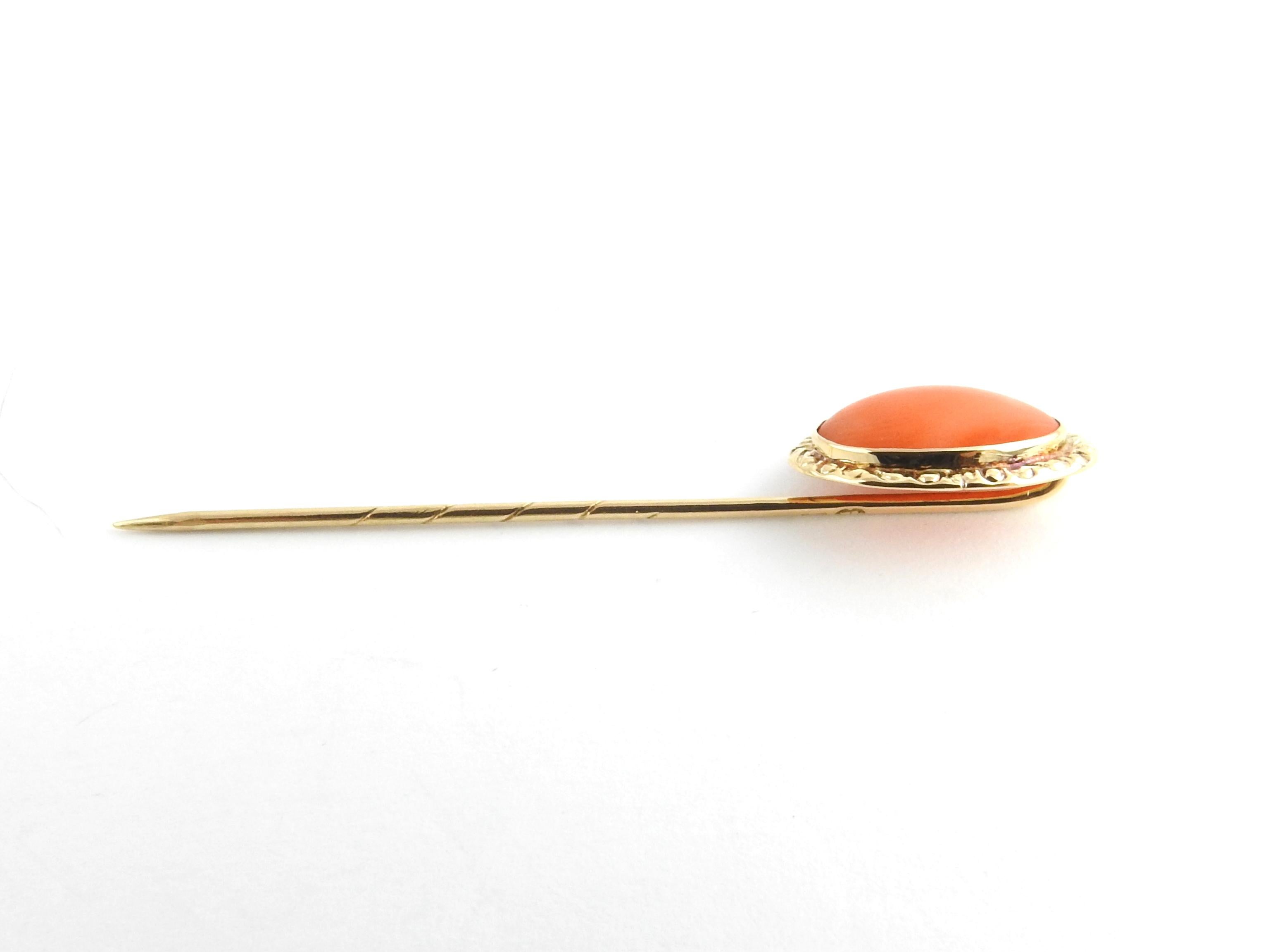 14 Karat Yellow Gold and Coral Stick Pin In Good Condition In Washington Depot, CT