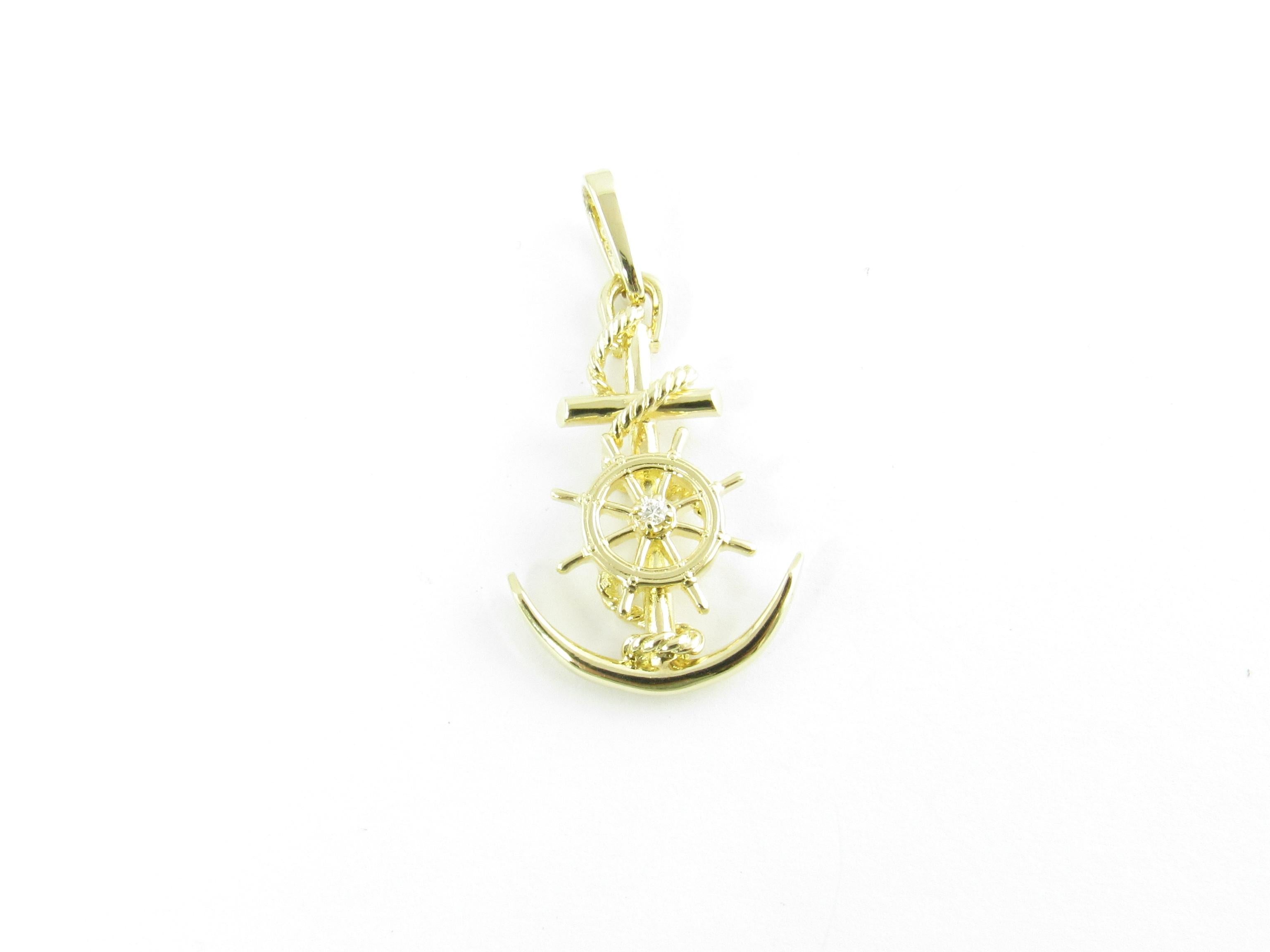 Vintage 14 Karat Yellow Gold and Diamond Anchor and Ship's Wheel Pendant

This lovely 3D charm features a beautifully detailed anchor and ship's wheel accented with one round brilliant cut diamond set in classic 14K yellow gold.

Approximate total