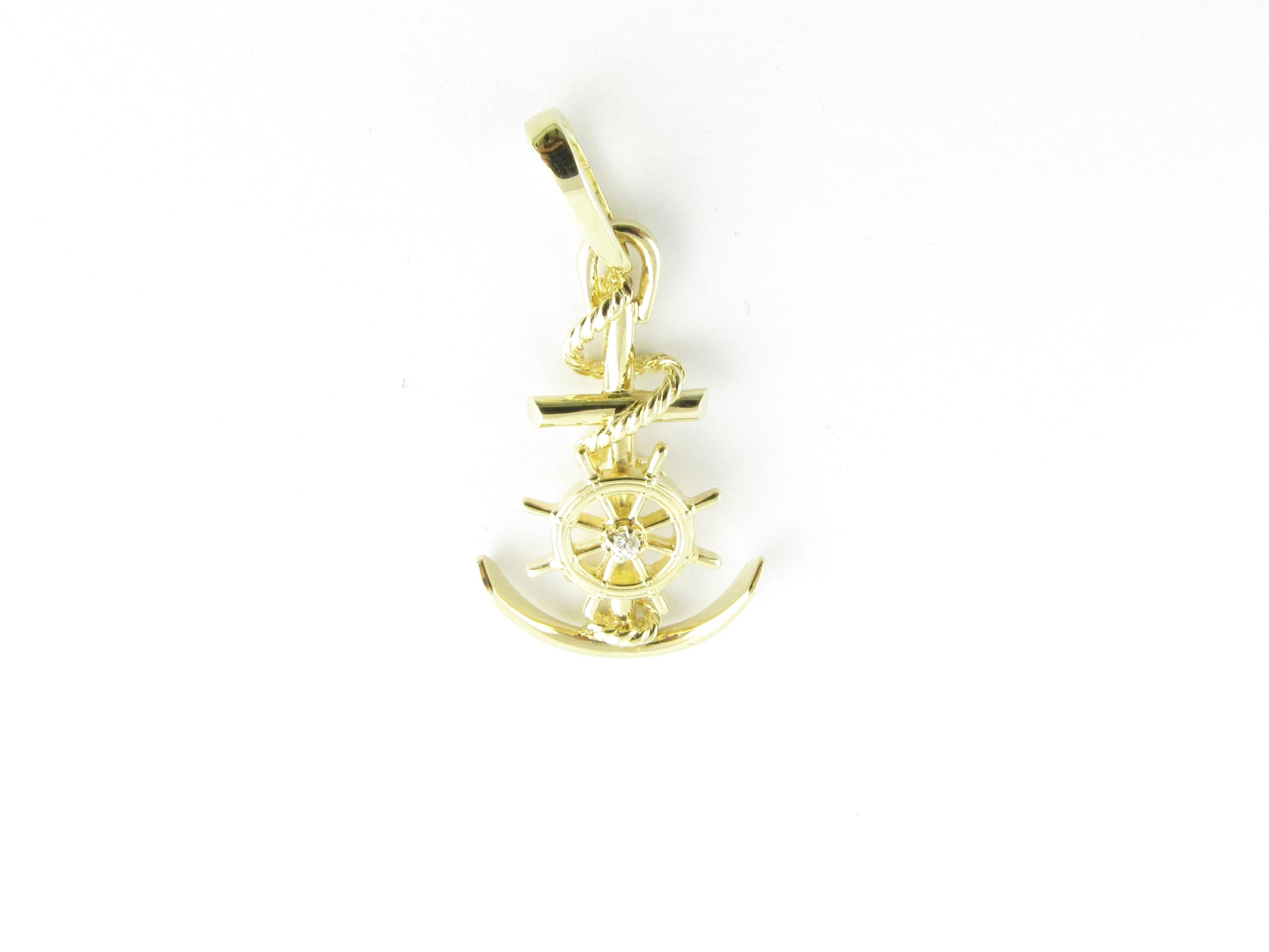 Round Cut 14 Karat Yellow Gold and Diamond Anchor and Ship's Wheel Pendant