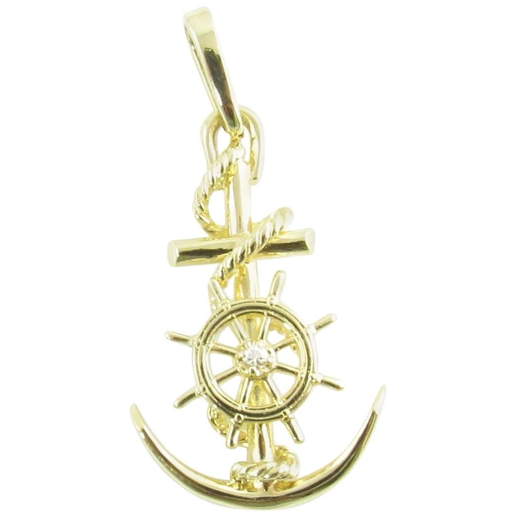 14 Karat Yellow Gold and Diamond Anchor and Ship's Wheel Pendant