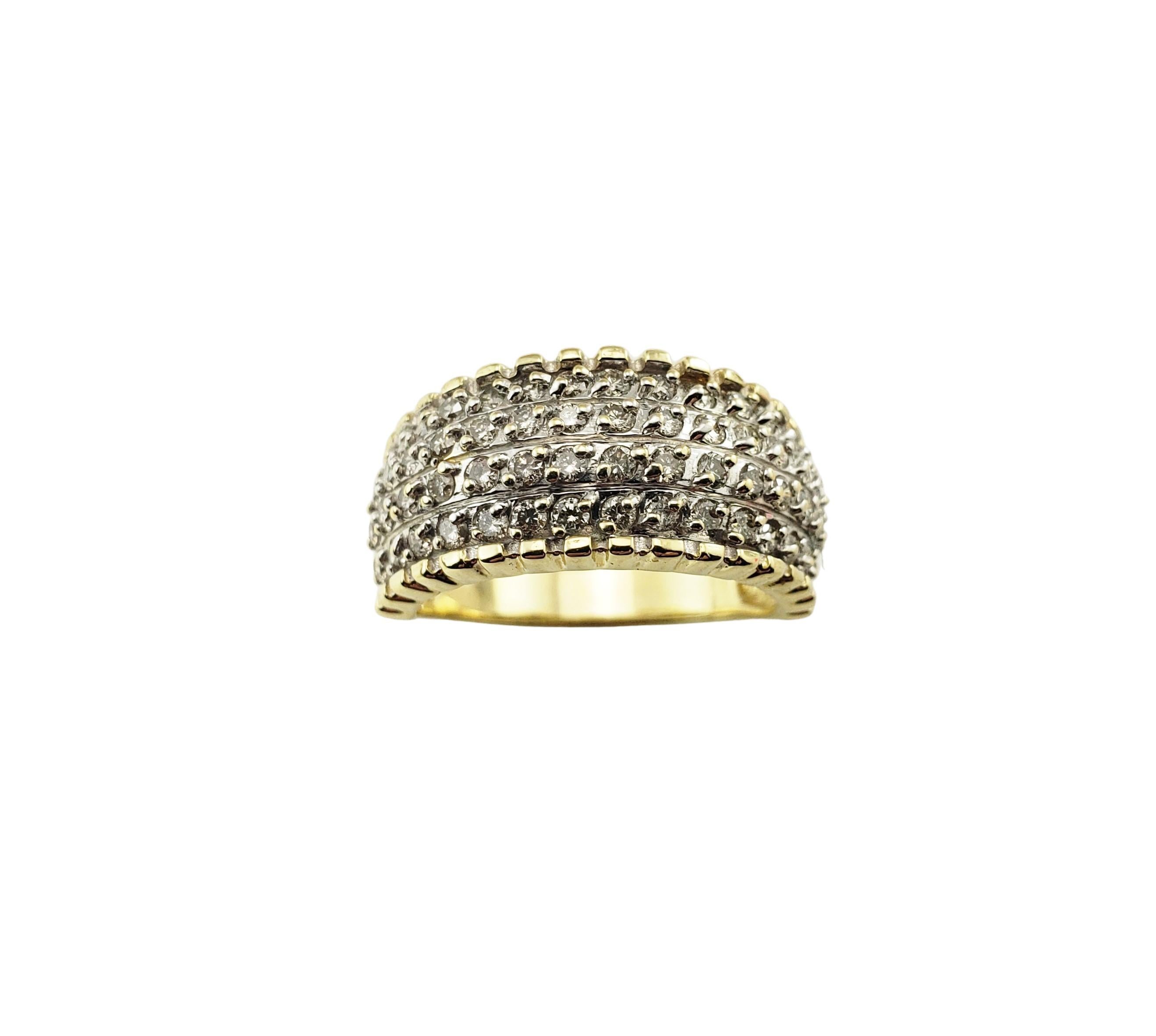 14 Karat Yellow Gold and Diamond Band Ring Size 7.25-

This sparkling ring features 60 round brilliant cut diamonds set in classic 14K yellow gold.  Width:  10 mm.  Shank:  4 mm.

Approximate total diamond weight:  1.20 ct.

Diamond clarity: