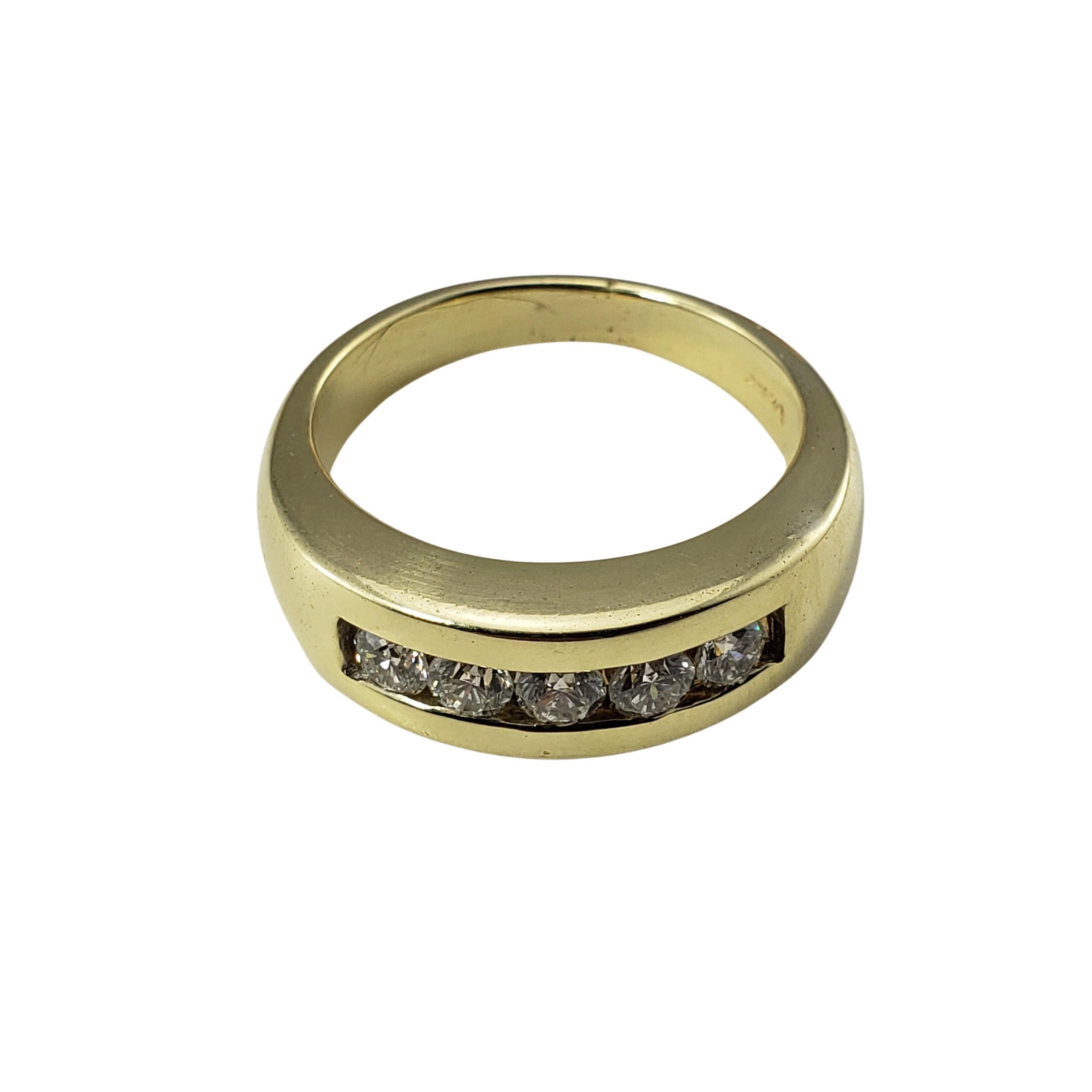 14 Karat Yellow Gold and Diamond Band Ring Size 9 -

This elegant band features five round brilliant cut diamond set in polished 14K yellow gold.  Width:  7 mm.  Shank:  4 mm.

Approximate total diamond weight:  .50 ct.

Diamond color:  F-G

Diamond