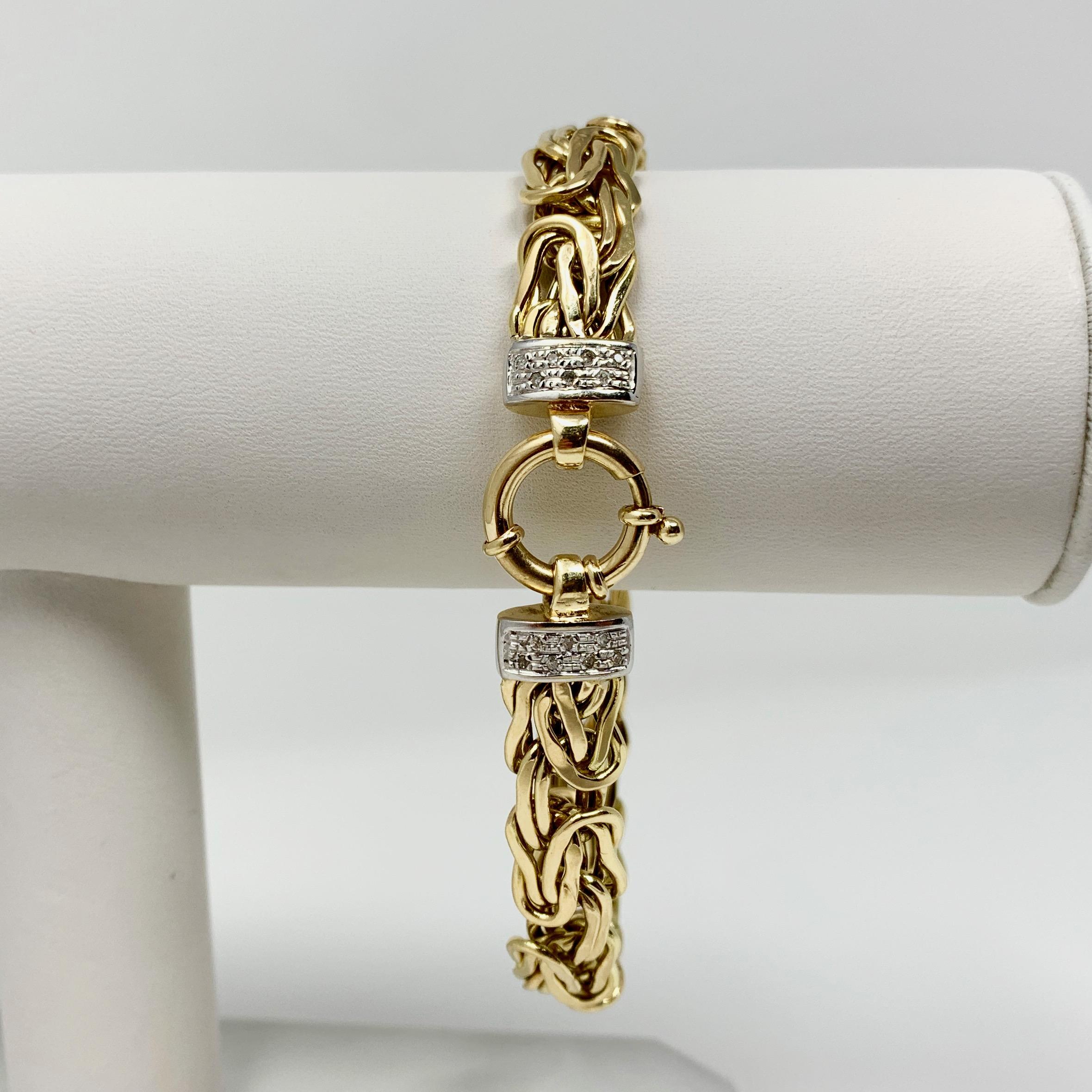 14k Yellow Gold and Diamond 10mm Byzantine Link Chain Bracelet Italy 8