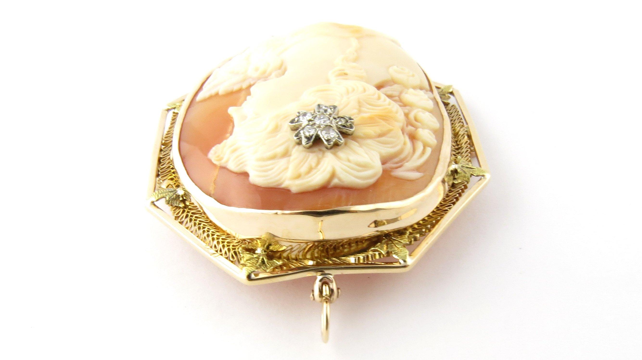 Round Cut 14 Karat Yellow Gold and Diamond Cameo Brooch or Pendant For Sale