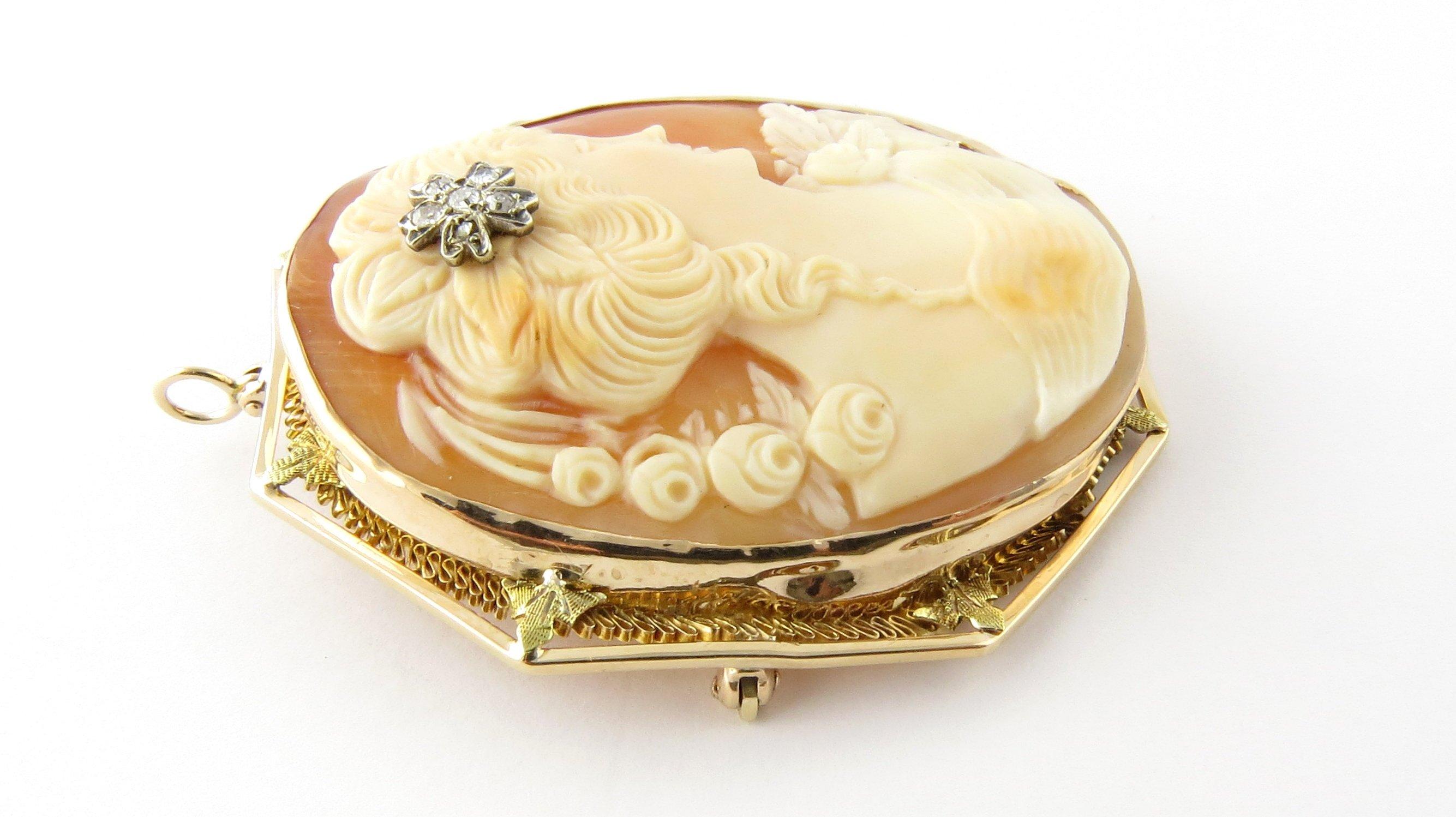 14 Karat Yellow Gold and Diamond Cameo Brooch or Pendant In Excellent Condition For Sale In Washington Depot, CT