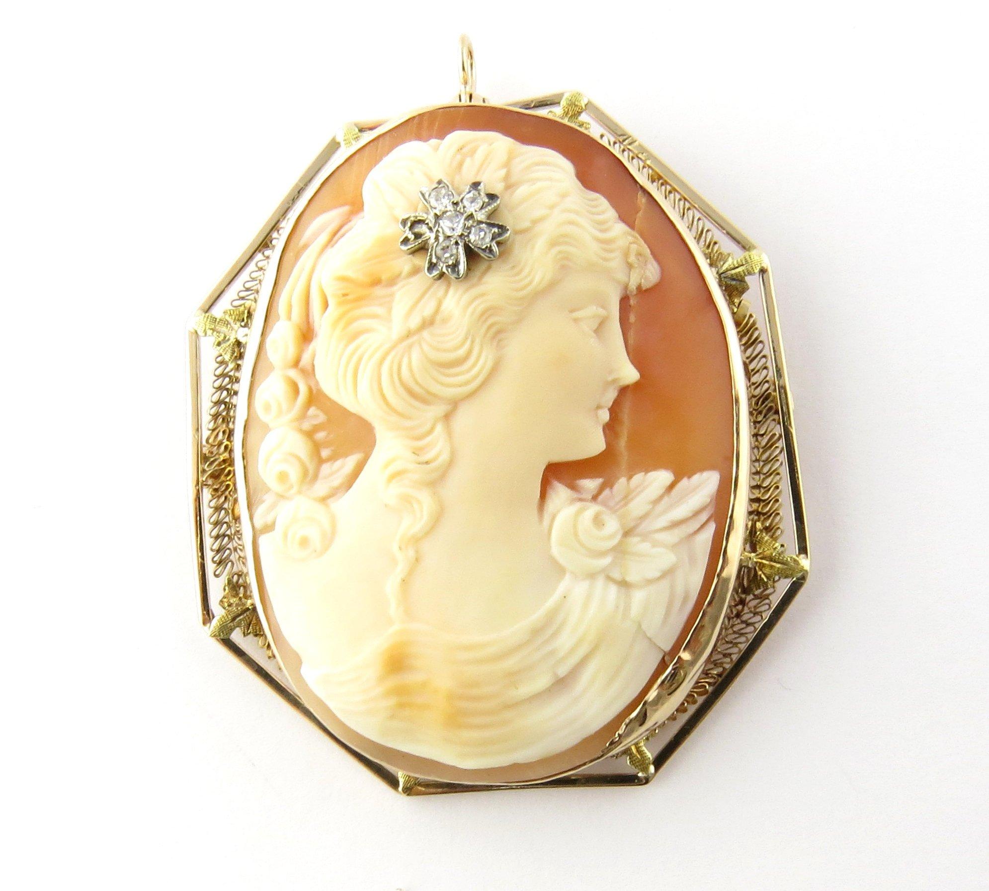 Women's 14 Karat Yellow Gold and Diamond Cameo Brooch or Pendant For Sale