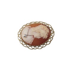 14 Karat Yellow Gold and Diamond Cameo Brooch Pendant #22313
