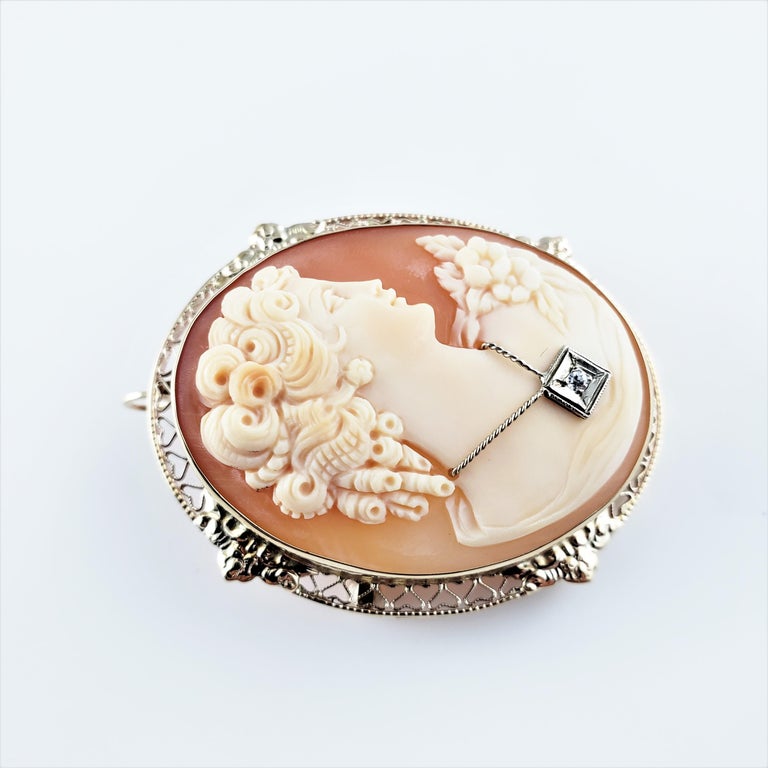 14 Karat Yellow Gold and Diamond Cameo Brooch/Pendant at 1stDibs
