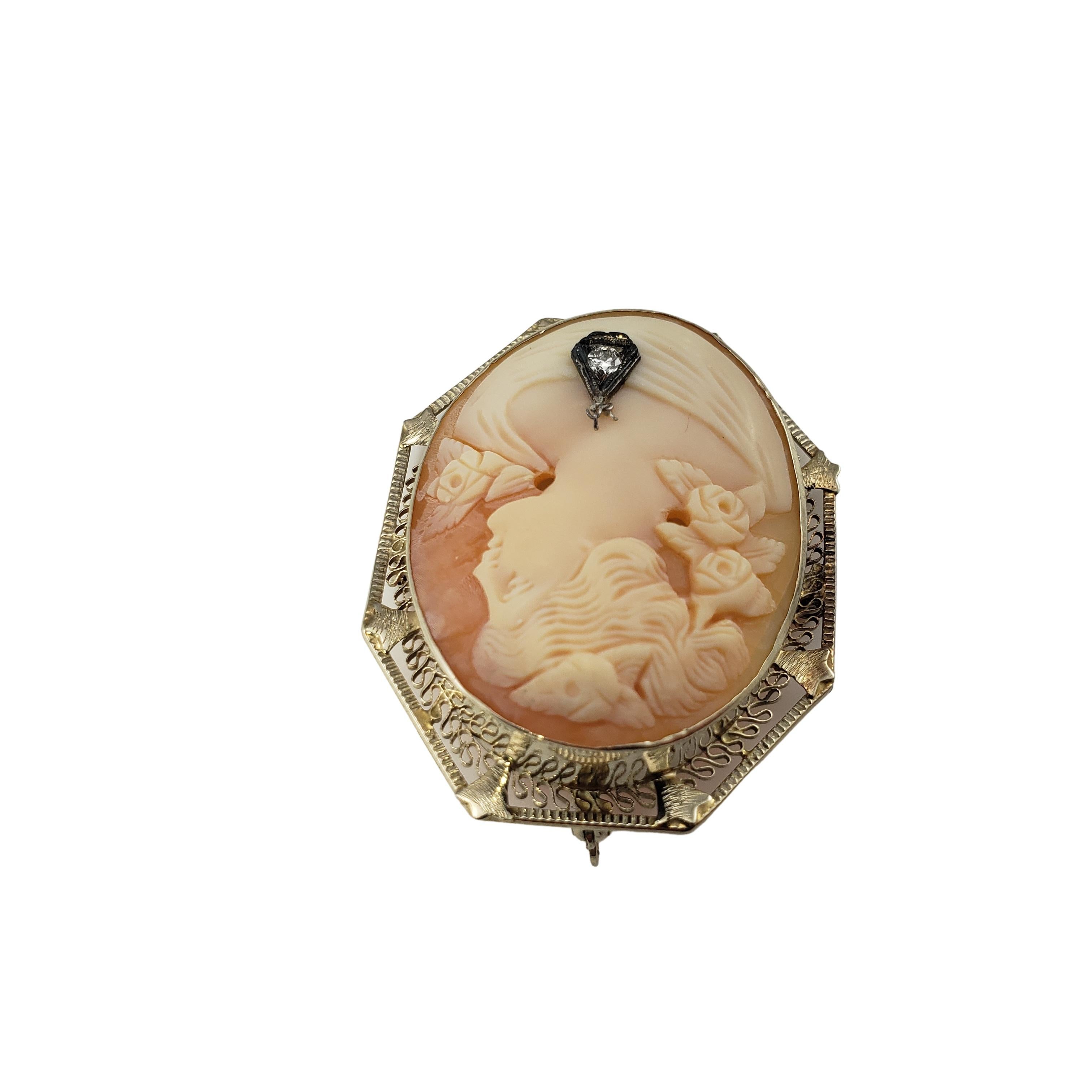 Vintage 14 Karat Yellow and Diamond Cameo Brooch/Pendant-

This elegant cameo brooch features a lovely lady in profile accented with one round brilliant cut diamond and set in delicate yellow gold filigree. Can be worn as a brooch or a