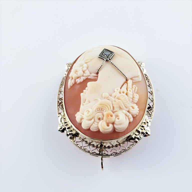 14 Karat Yellow Gold and Diamond Cameo Brooch/Pendant at 1stDibs