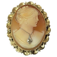 Vintage 14 Karat Yellow Gold and Diamond Cameo Brooch / Pendant