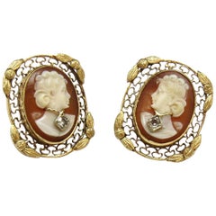 Vintage 14 Karat Yellow Gold and Diamond Cameo Filigree Earrings