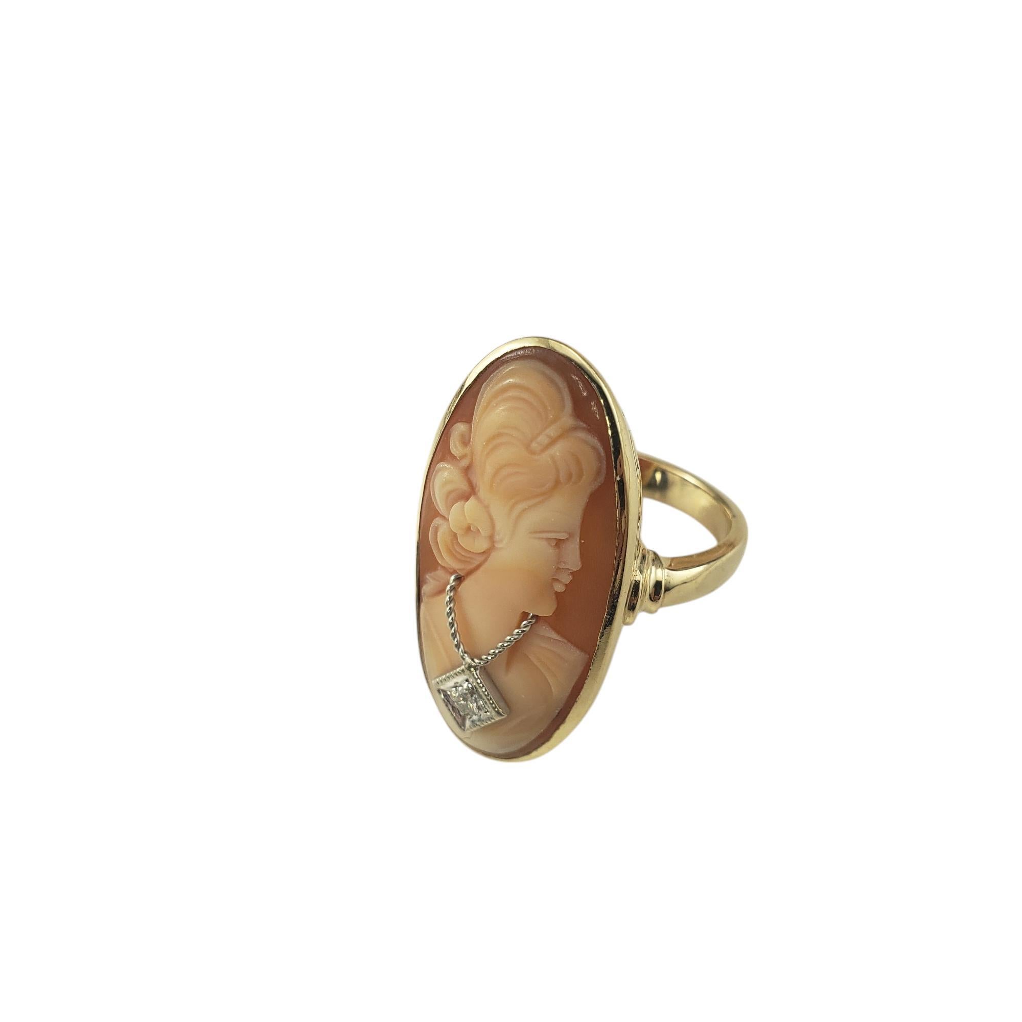 14 Karat Yellow Gold and Diamond Cameo Ring Size 8.5

This lovely cameo ring features a finely carved, elegant lady in profile set in glowing 14K yellow gold. Accented with one round brilliant cut diamond. This sophisticated piece is ready to add a