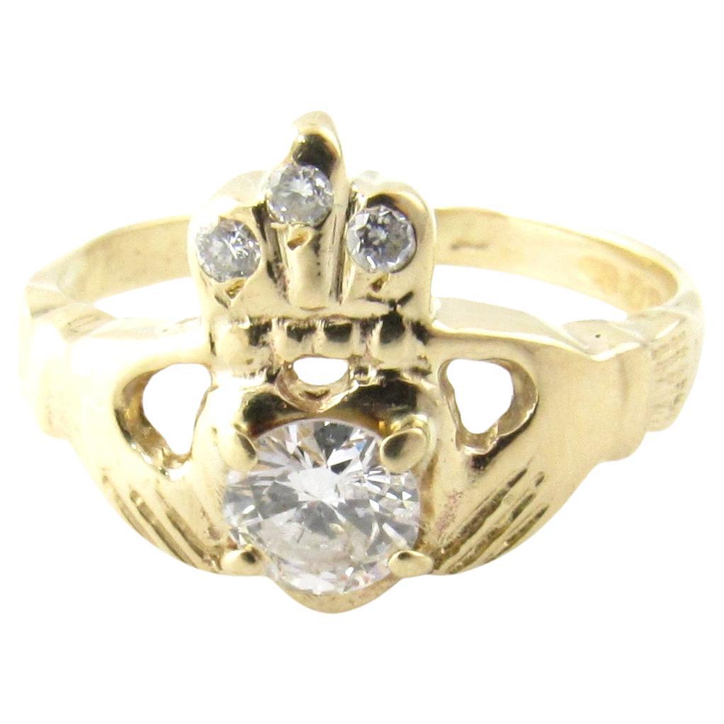 14 Karat Yellow Gold and Diamond Claddagh Ring For Sale