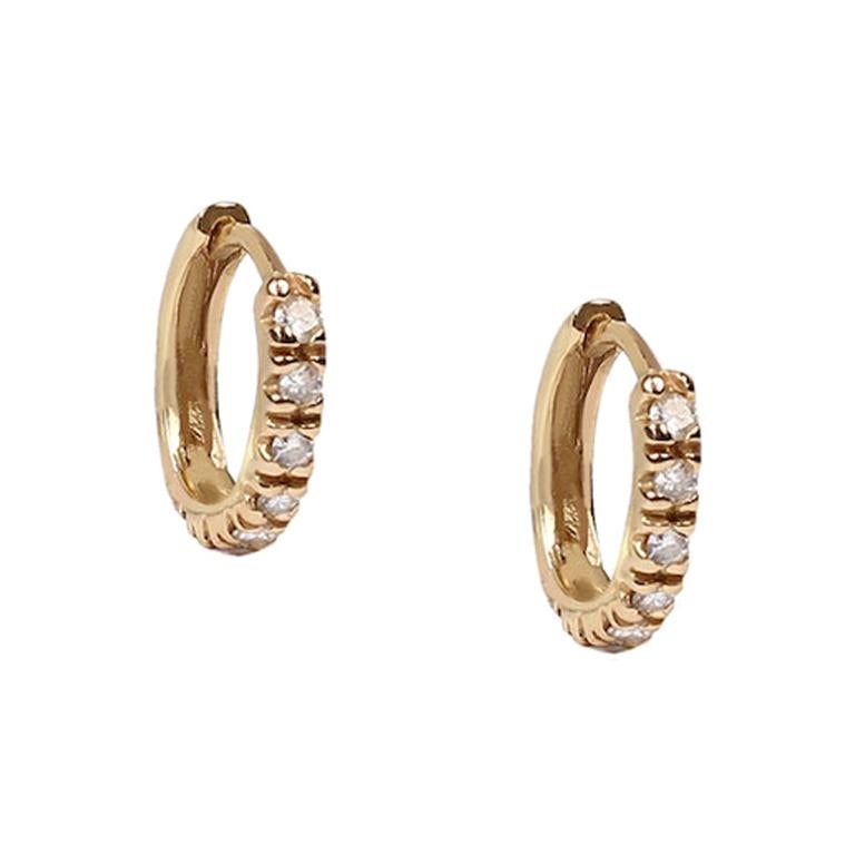 14 Karat Yellow Gold and Diamond Classic Huggie Earrings For Sale